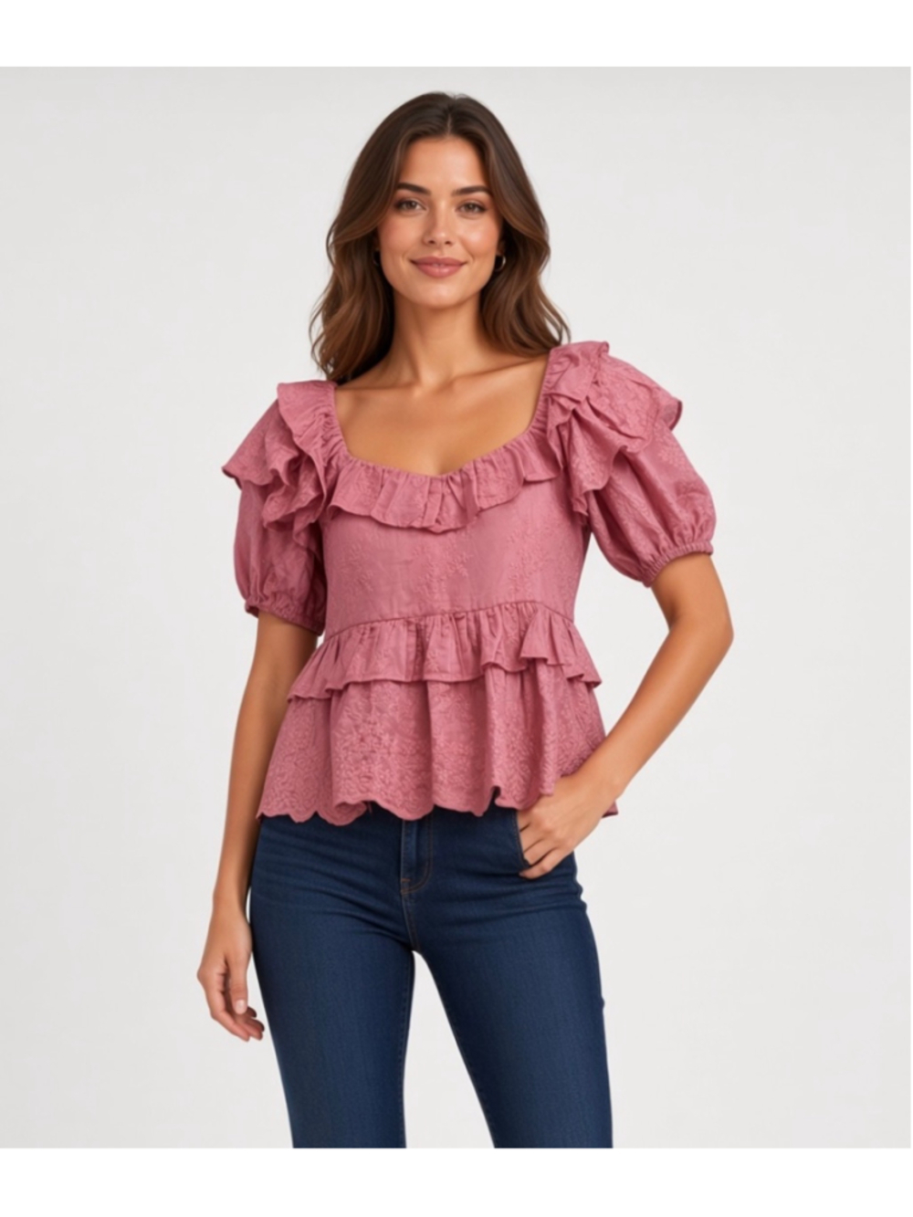 Listicle Pink Ruffled Embroidered Square Neck Puff Sleeve Peplum Top Medium M